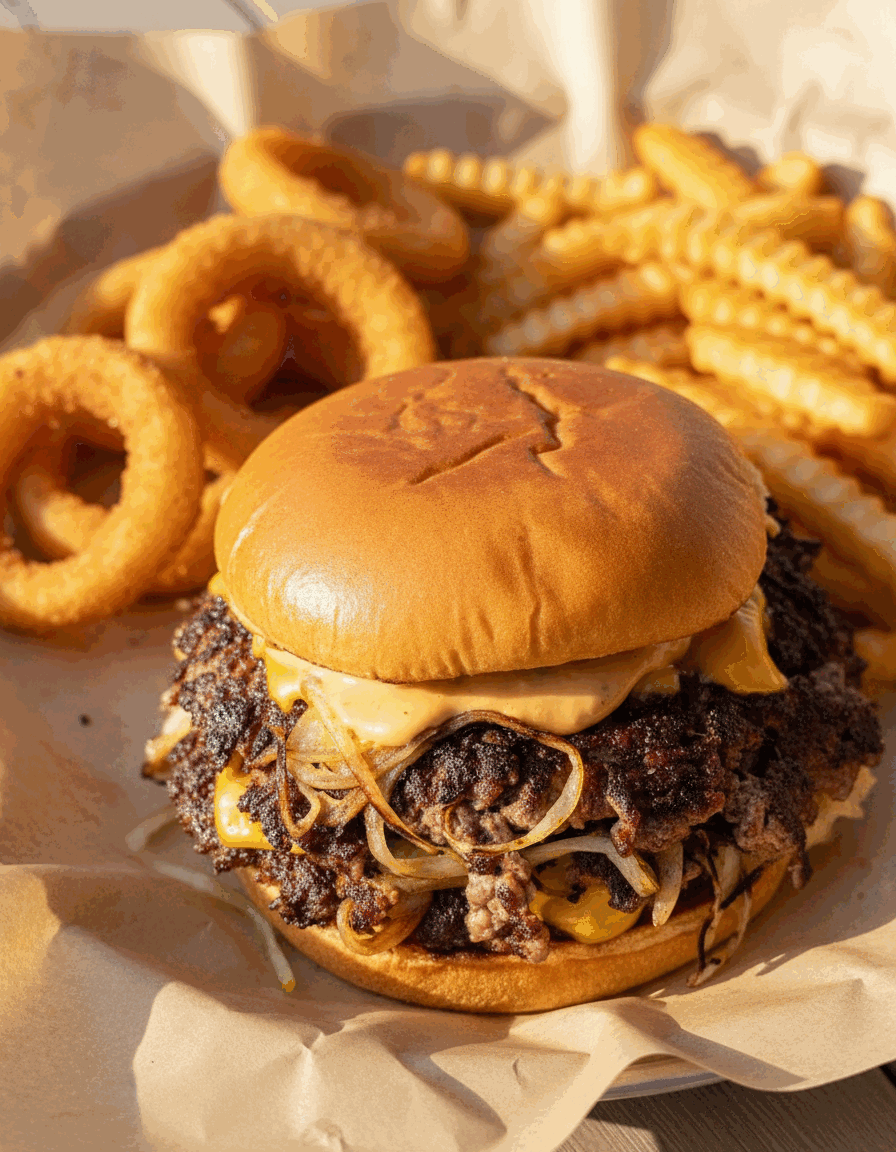 Smash burgers cooking on the griddle with thinly sliced onions